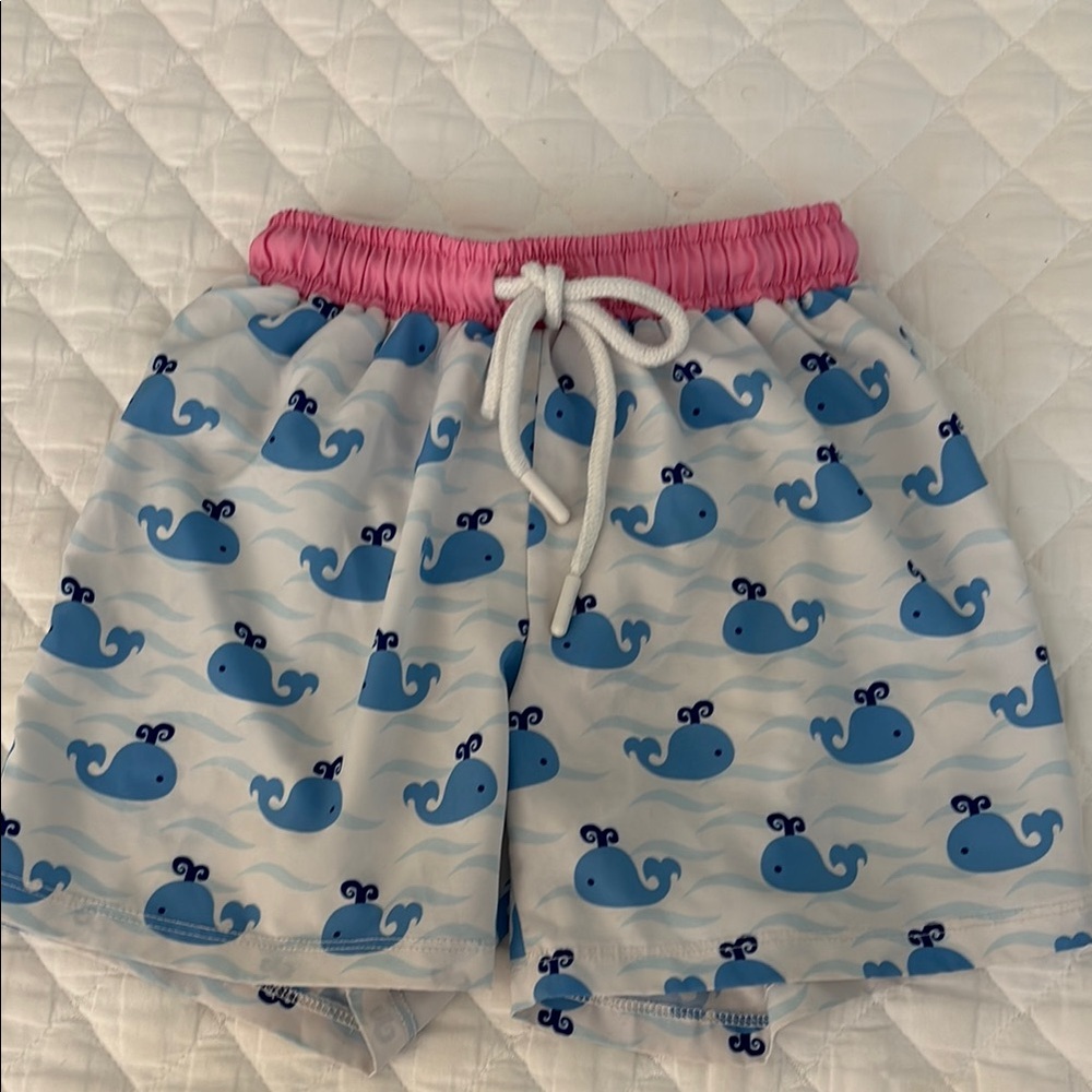 Whale Print Swim Shorts with Pink Waistband